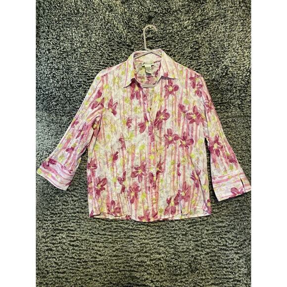 Joanna Pink Accordian semi sheer Top Floral button Blouse Crinkle Medium - Picture 7 of 15